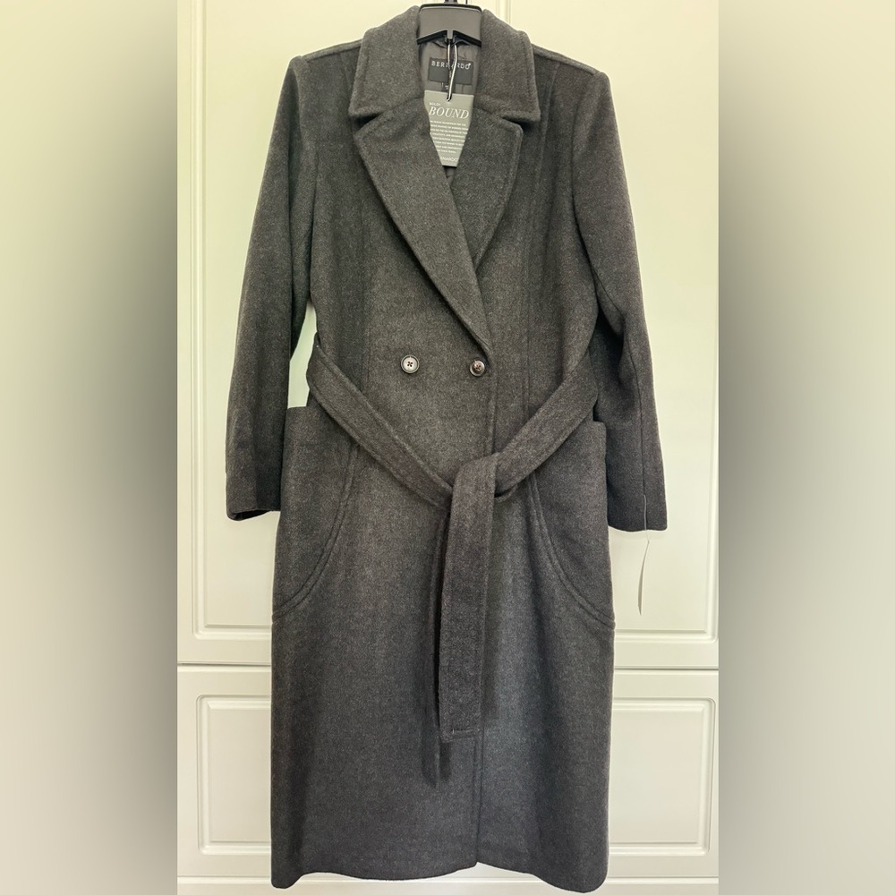 Bernardo Belted Wool Blend Longline Coat Charcoal Size Large